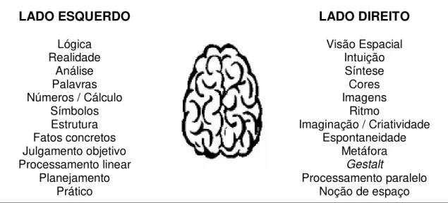Ilustração 4 – Hemisférios do cérebro e seus processos dominantes  Fonte: Adaptado de Murkejea (2003a); Farmer (2004) 
