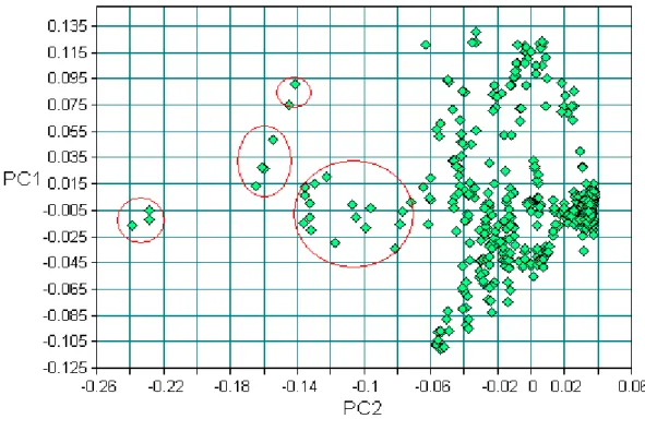 Figura 5. 16 – Análise por componentes principais. Identificação de clusters e  dados anômalos