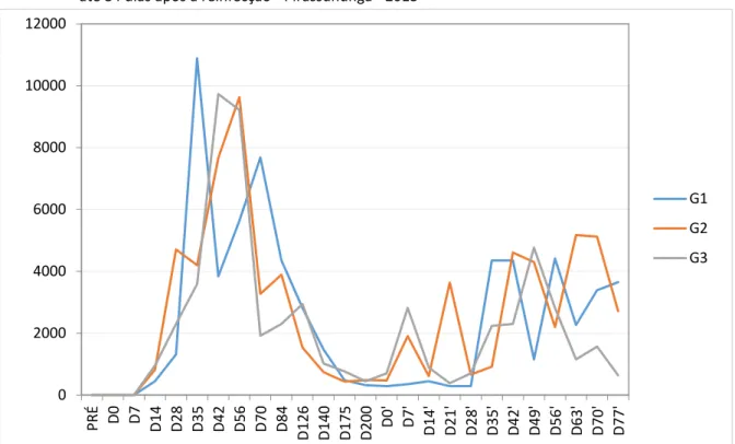 Figura 12 - Curvas das médias de títulos de anticorpos dos animais dos Grupos 1, 2 e 3 desde a primo-infecção  até 84 dias após a reinfecção - Pirassununga - 2013 