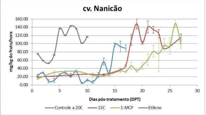 Figura 10  –  Respiração de bananas cv. Nanicão, grupo controle (não tratado, amadurecimento  a  20 o C)  e  tratamentos  (armazenamento  a  13ºC  e,  após  15  dias,  transferência  para  20 o C; 