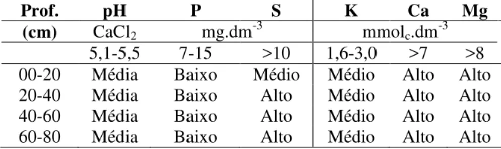 Tabela 5 - Classificação dos teores de macronutrientes para análise química de fertilidade do solo anterior ao  plantio
