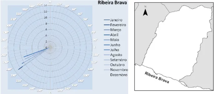 Figura 15 – Gráfico polar referente à direcção e período de pico (s) da vaga para os doze meses do ano; 