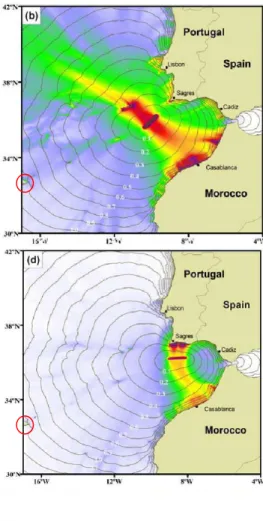 Figura 19 – Altura máxima e tempo de chegada do Tsunami calculado por modelo numérico [Omira, R