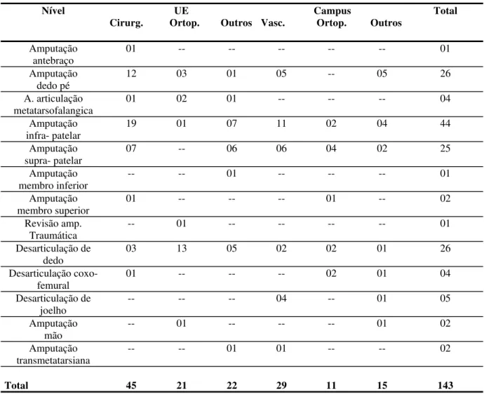 Tabela 6 – Número de amputações realizadas, no período de janeiro a dezembro de 2004, no  HCFMRP – USP, segundo  local, clínica e nível de amputação