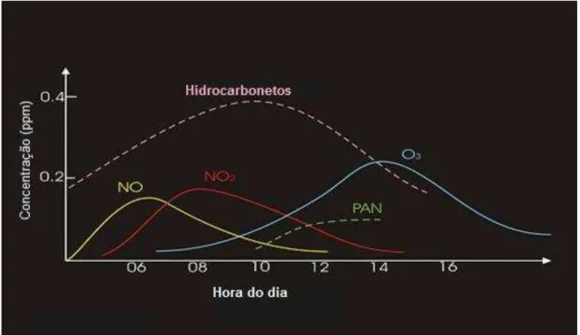 Gráfico  1:  Ciclo  diurno  das  concentrações  de  poluentes  envolvidos  na  formação do ozônio e do smog fotoquímico