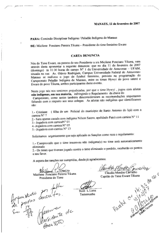 Figura 2 - Carta denúncia entregue pela equipe Tikuna em 2007, acusando as jogadoras do time  Sateré-Mawé de não serem indígenas