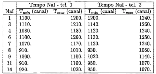 Tabela  2.10:  Intervalos  em  tempo,  de  coincidências  reais  dos  espectros de  tempo de cada detector  Nall para o sistema  24M 9  +  2fJ8  Pb