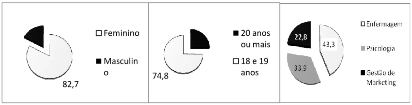 Gráfico 1 - Distribuição dos participantes por sexo, idades, e curso 
