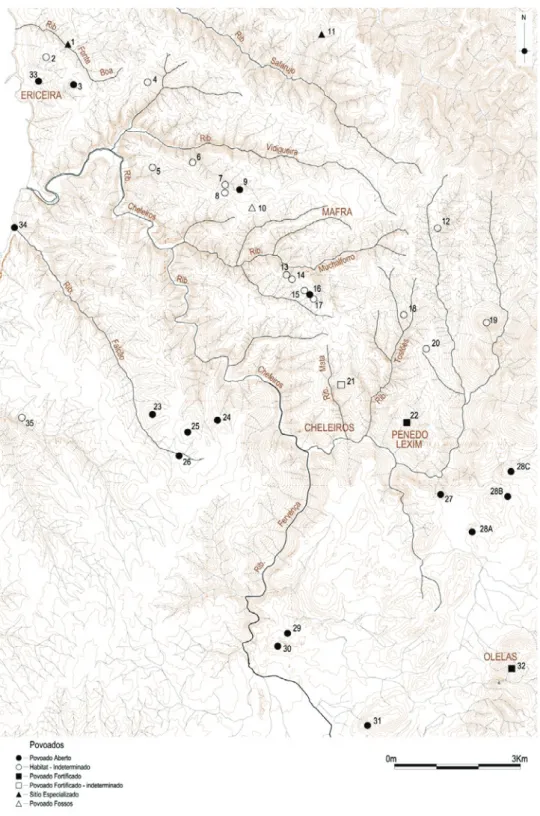 Figura 1 – Localização dos habitats neolíticos e calcolíticos da área da Ribeira de Cheleiros