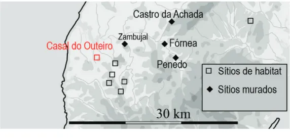 Figura 6 – Sítios de habitat e sítios murados na área envolvente ao Casal do Outeiro. Base Cartográfica  Maya Langley e Rui Boaventura.