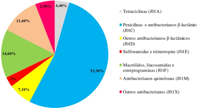 Figur a 7 - Distribuiç ão e m subgrupos do consumo de anti bac terianos de  uso sistémico na c omuni dade e m  Portugal  no ano  2011.