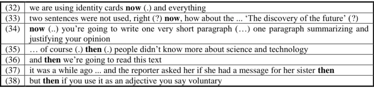 Tabela 10 - Amostras para análise dos marcadores discursivos now e then  (32)  we are using identity cards now (.) and everything 