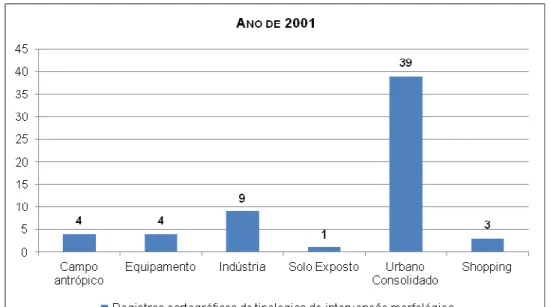 Gráfico 4 – Tipologias de intervenção morfológica identificadas na bacia  hidrográfica do Córrego da Tapera no ano de 2001