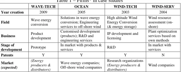 Table 1 – Firms* in case studies 