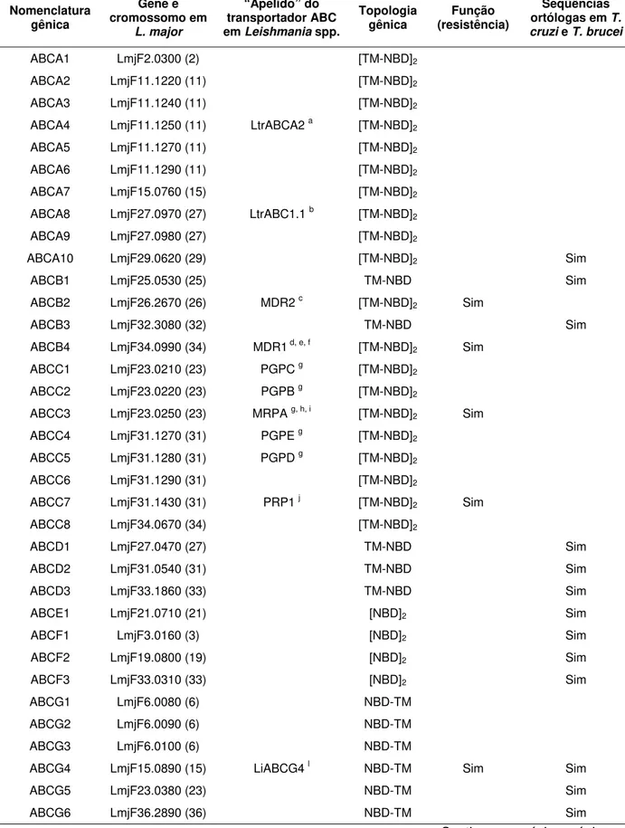 Tabela 1. Proteínas ABC de L. major segundo LEPROHON et al. (2006) (modificado). 