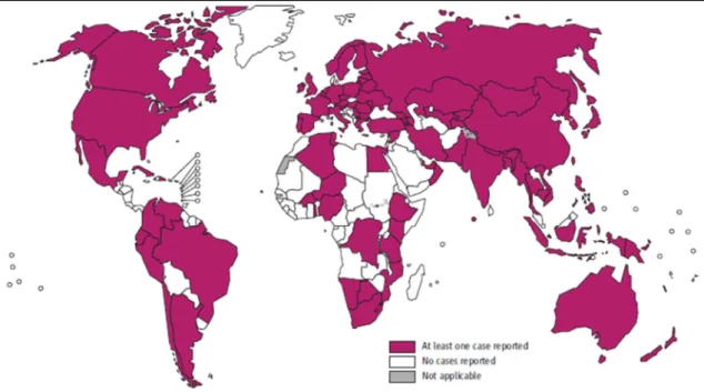 Figura 2 - Países que notificaram ao menos um caso de TBXR até o final de  2012 