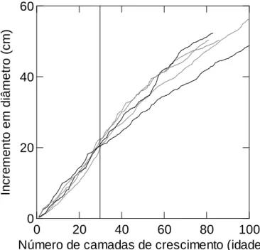 Figura  9.  Curva  de  incremento  cumulativo  em  diâmetro  de  cinco árvores  de Sterculia  apetala  (N=5) no  Pantanal, sub-região da Nhecolândia, MS