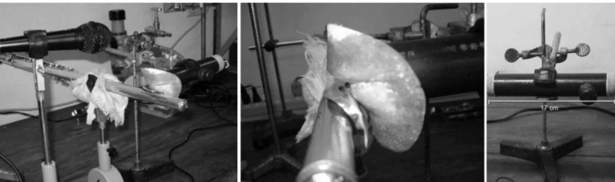 Figura 1: à esquerda, experimento realizado, ao centro, detalhe da embocadura, à direita, trato vocal artificial  feito em PVC (COELHO, 2006: 29, 31, 33)