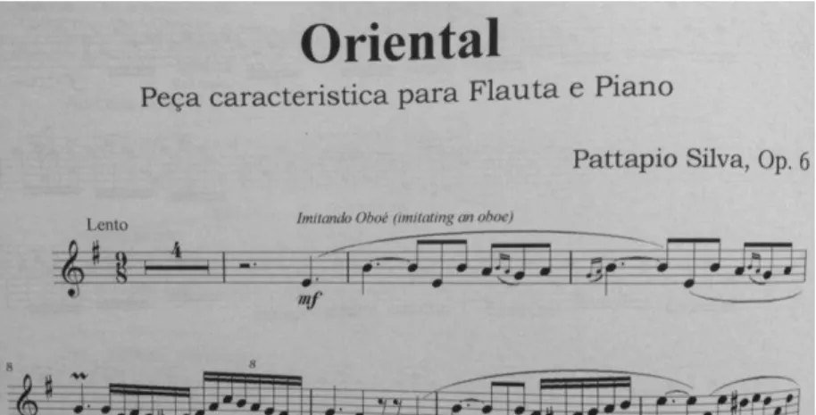 Figura 5: trecho inicial da parte de flauta da peça Oriental , de Pattapio Silva, com a indicação “Imitando  Oboé” 