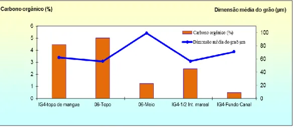Fig.  4.10.  Variação  da  percentagem  de  carbono  orgânico  (%)  e  a  dimensão  média  do  grão  (µm),  nos  vários  andares de mangal amostrados