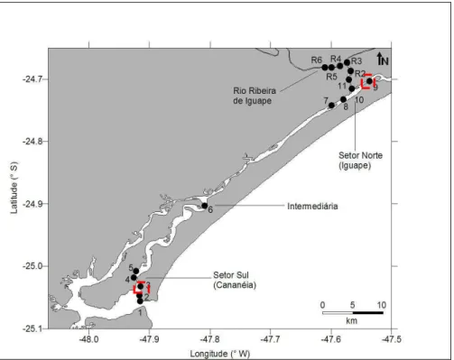Figura  4.  Localização  das  estações  amostradas  no  complexo  estuarino- estuarino-lagunar de Cananéia  –  Iguape