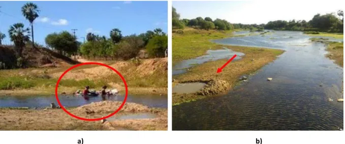 Figura 4: Aspectos ambientais observados no P1 – a) Mulheres lavando roupa no rio; b) Evidência de dragagem