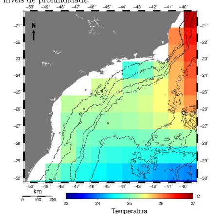 Figura 4.3: Mapa de temperatura na superf´ıcie para a climatologia de janeiro, obtida no banco de dados oceˆ anicos global WOA09.