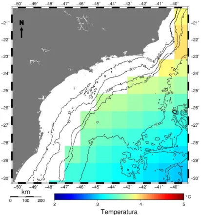 Figura 4.5: Mapa de temperatura na profundidade 1500 m para a climatologia de janeiro, obtida no banco de dados oceˆ anicos global WOA09.