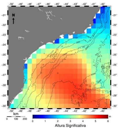 Figura 4.10: Altura significativa das ondas(m) na regi˜ ao, para o dia 05 de janeiro de 2009