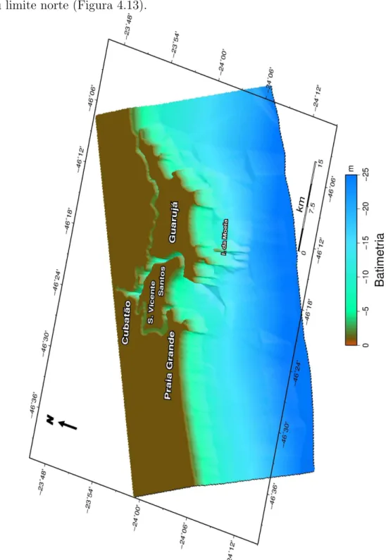Figura 4.13: Batimetria da regi˜ ao simulada no dom´ınio da regi˜ ao central da Baixada Santista.