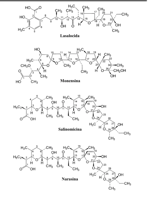 FIGURA 1-1.  Estruturas químicas dos antibióticos ionóforos mais administrados na avicultura  como aditivos alimentares (Adaptado de VOLMER; LOCK, 1998)