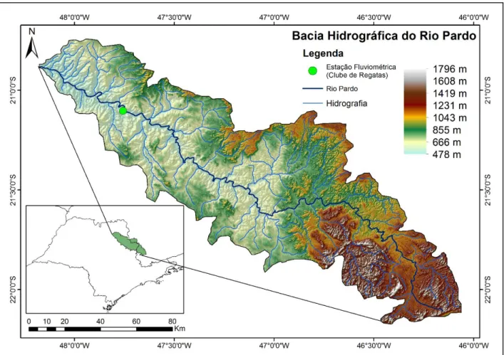 Figura 1: Localização, topografia, hidrografia e estação fluviométrica da bacia hidrográfica do Rio Pardo