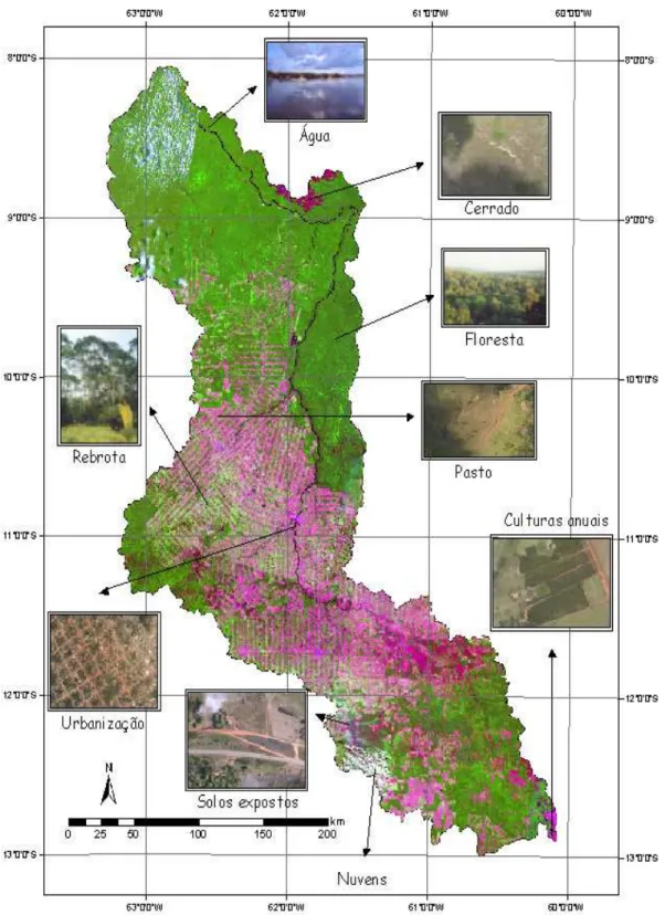 Figura 2 - Mapa de uso da terra na bacia do rio Ji-Paraná, conforme observado em  imagens de julho e setembro de 1999 obtidas pelo satélite Landsat-7, ETM+