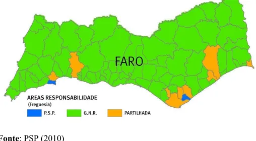 Figura 3.2 – Áreas de responsabilidade da PSP e GNR no Distrito de Faro 