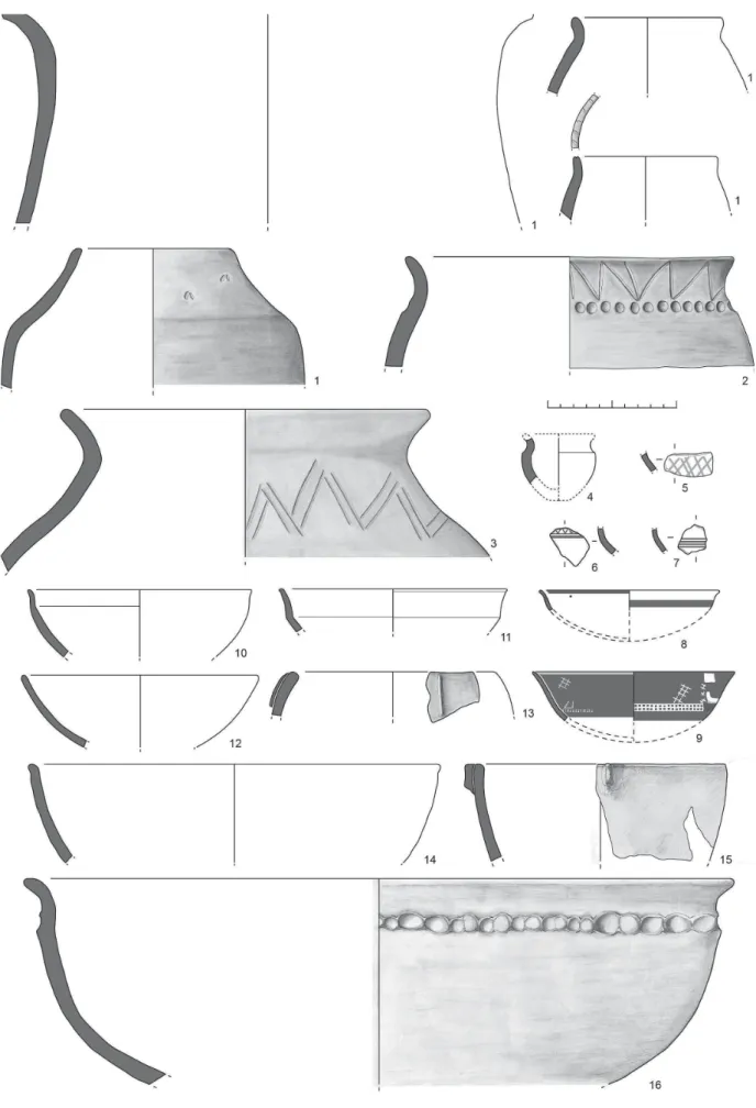 Fig. 6.— Amostra do conjunto de cerâmica manual recolhido nos níveis do século VII (sector 1 - fase III).
