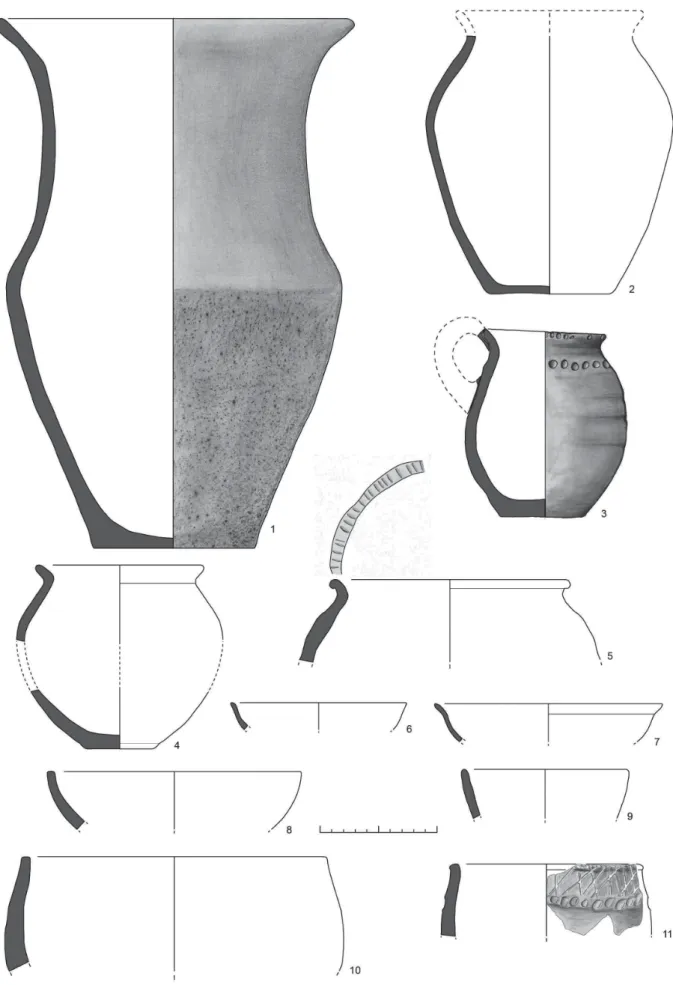 Fig. 10.— Amostra do conjunto de cerâmica manual recolhido nos níveis do século VI (Sector 1 – fase IV).