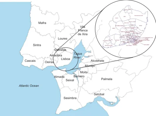Figure 2. The metropolitan and municipal core territory of Lisbon – Metropolitan municipalities and Lisbon Parish territories.