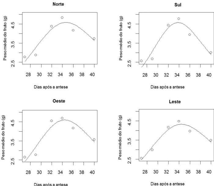 Figura 6  – Peso médio (g) de frutos de jabuticaba ‘Sabará’, após a antese até a colheita, em   relação  aos quadrantes Norte, Sul, Oeste e Leste da planta 