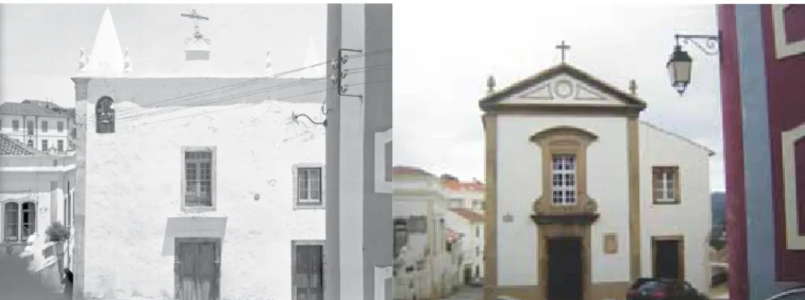 Figura 2 Na foto esquerda, a igreja da Misericórdia nos anos quarenta do século XX. Na foto da direita, a igreja na actualidade 