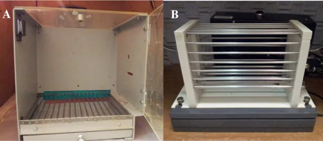 Figura 7. Fotografia da caixa de condicionamento [A] e da caixa de sobressalto [B] nas quais foram realizados os  procedimentos para o teste do sobressalto potencializado pelo medo