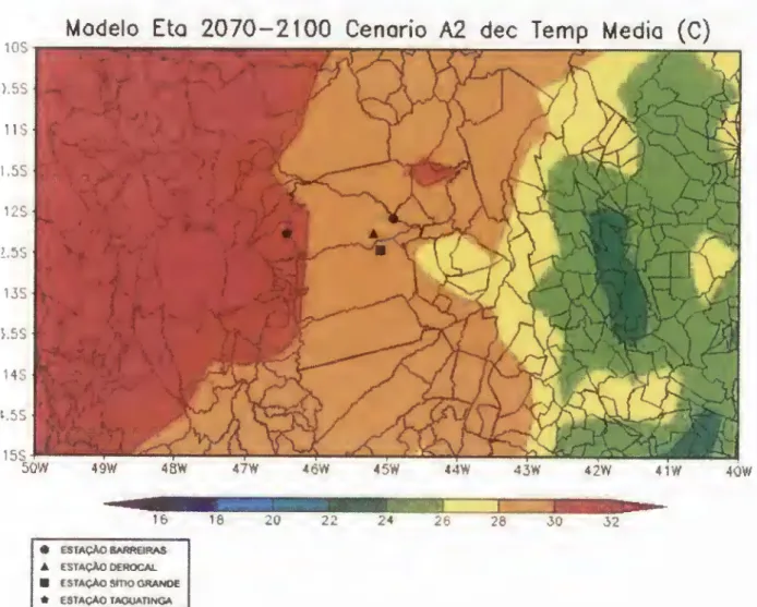 Figura 9 - Modelo Eta Cenário A2 temperatura média ( 0 C) anos 2070 - 2100. Fonte: Programa  GRADS INPE (2008)