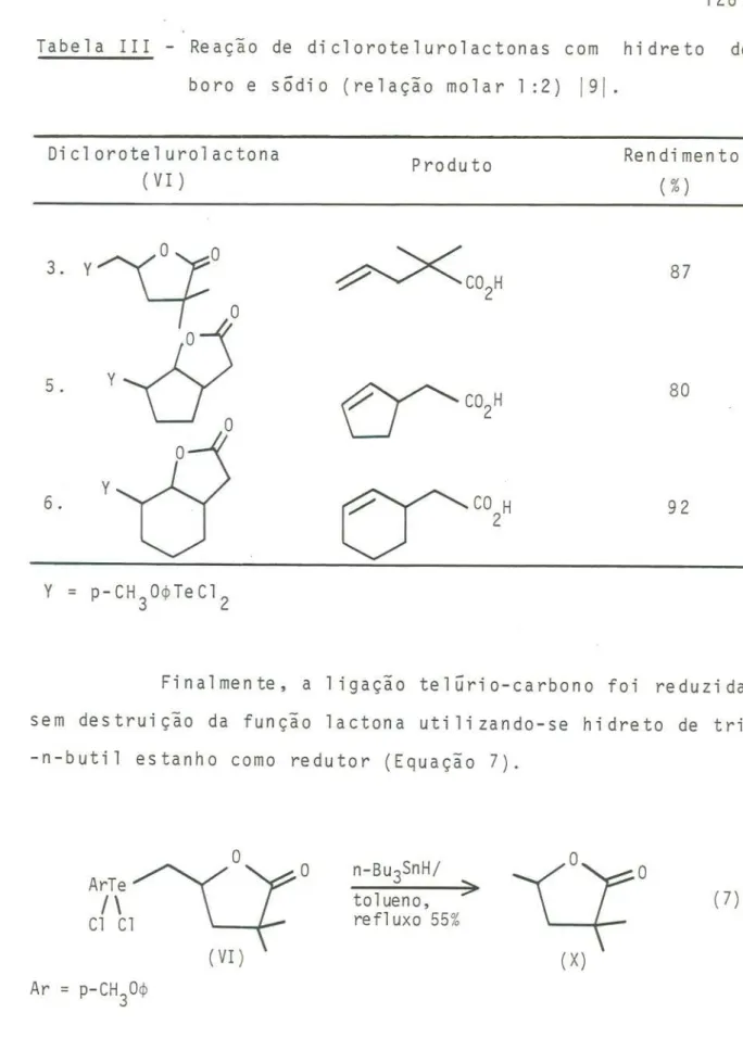 Tabela rrr - Reação de diclorotelurolactonas com h i d re to de boro e sôdio (relação molar 1 :2) 