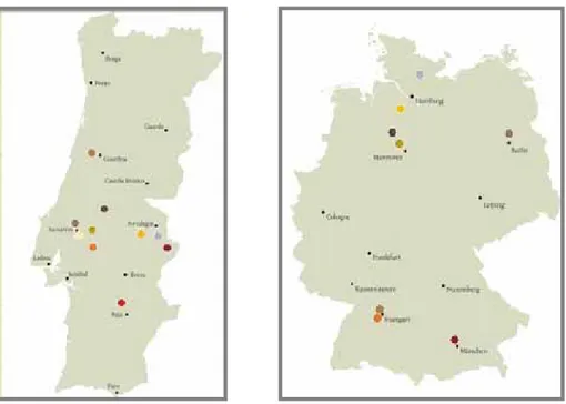Figura 6. Distribuição das principais subpopulações do Cavalo do Sorraia em Portugal e na Alemanha (retirado de Oom 2006) 