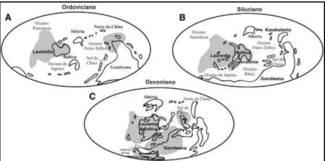 Figura 8. Distribuição paleogeográfica dos tentaculitoideos durante o Ordoviciano, Siluriano e  Devoniano (Modificado de WITTMER; MILLER, 2011)