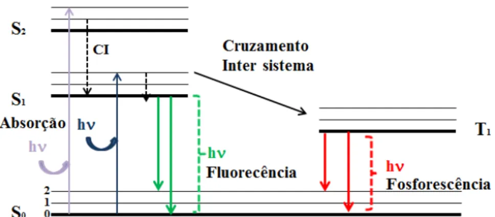 Figura  17: Diagrama de  Jablonski.  Ilustra  os  vários  processos  de  transição  eletrônica  desde a  absorção  até a  emissão 