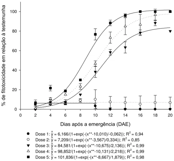 Figura 1 - Porcentagem de fitointoxicação de plantas de sorgo (Sorghum bicolor) aos 2, 4, 6,  8, 10, 12, 14, 16, 18 e 20 dias após a emergência (DAE)