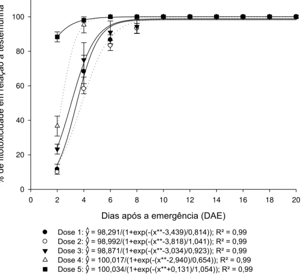 Figura 3 - Porcentagem de fitointoxicação em plantas alfafa (Medicago sativa) aos 2, 4, 6, 8,  10, 12, 14, 16, 18 e 20 dias após a emergência (DAE)