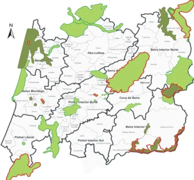 Figura II.9- Enquadramento regional geográfico das áreas protegidas da região Centro  Fonte: Adaptação do Mapa das Unidades Territoriais Estatísticas de nível III e  do Mapa de Áreas Protegidas do ICNB (2000) (Arquivo do PNSE, 2012)