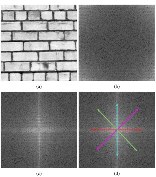 Figura 2.2: Operações na transformada de Fourier. (a) Imagem original, (b) logaritmo do espectro de Fourier da imagem original, (c) logaritmo do espectro de Fourier deslocado para posicionar o componente de frequência nula no centro, (d) simetria do espect