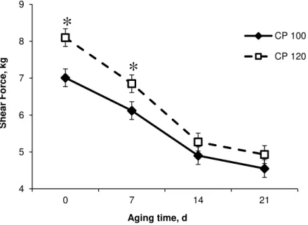 Figure 3 - Effects of dietary protein content and aging time on meat shear force. 